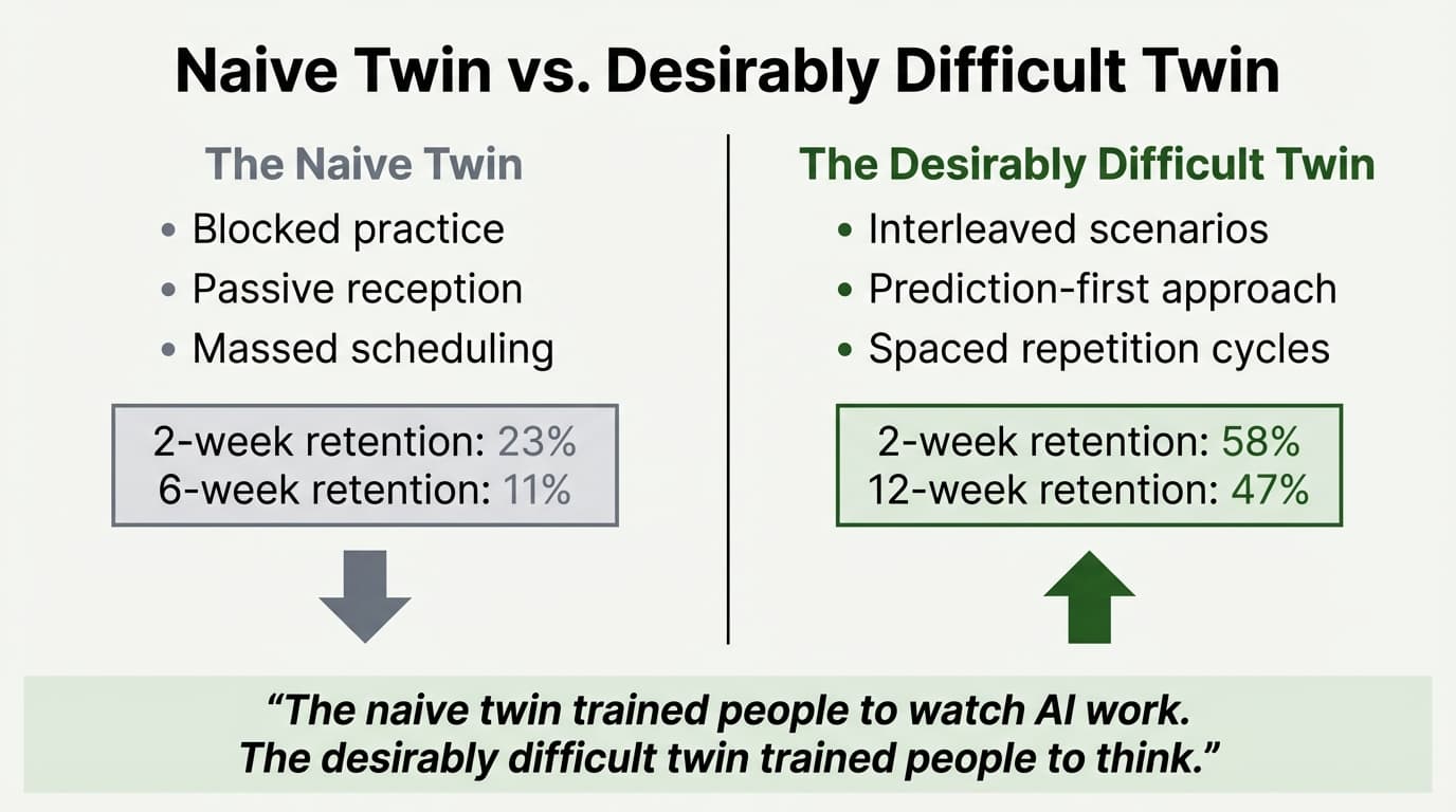 Comparison: Naive AI Training (23% retention at 2 weeks) vs Desirable Difficulties approach (58% retention at 2 weeks)