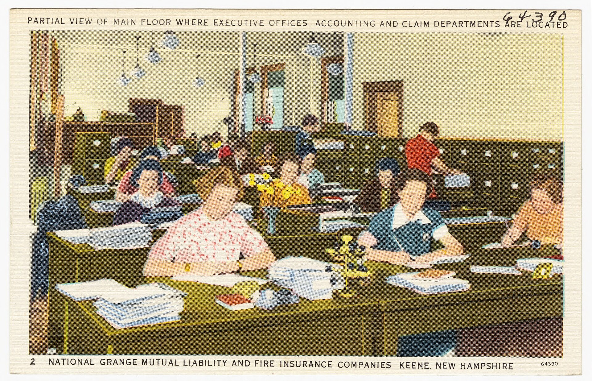 An old coloured postcard of an insurance company's main floor, rows of clerks at desks with files, in the claims and accounting departments
