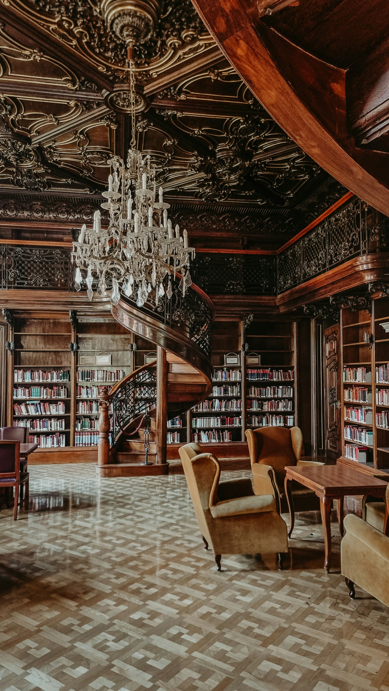 A classical reading room lined with books