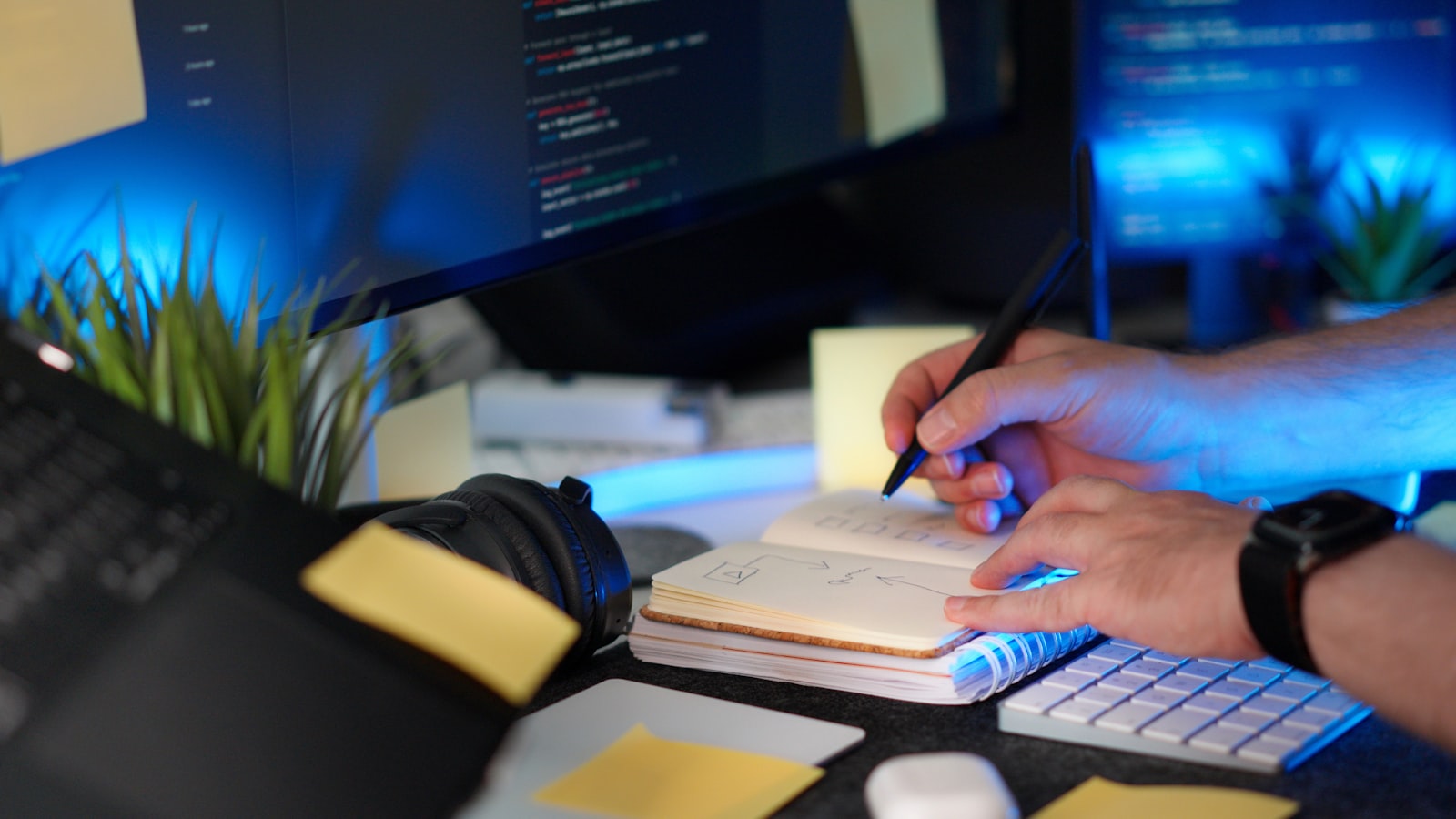 A developer sketching a workflow beside glowing screens