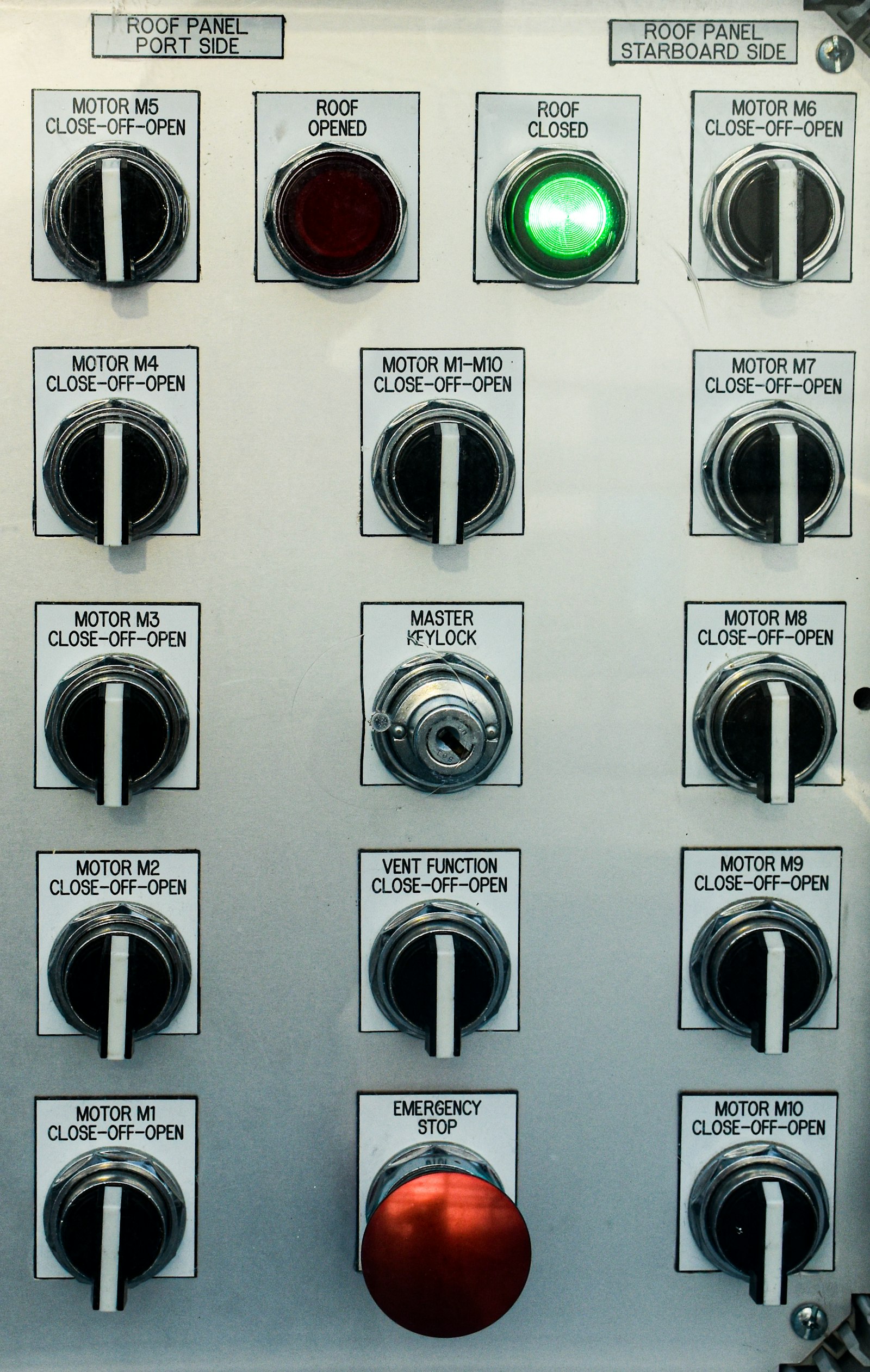 An industrial control panel with a labelled emergency stop button